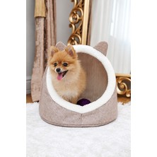 Emila Home Kapalı Keçe Kedi Evi ve Küçük Köpek Yatağı, Kulaklı Yuvalı Tasarım, Bej 40 × 34 × 35 cm