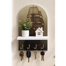 Onyx Lab Onyxlab Sisli Denizde Yelkenli Gemi Temalı Raflı 4 Kancalı Duvar Anahtarlığı, 35 x 20 Cm, Mdf