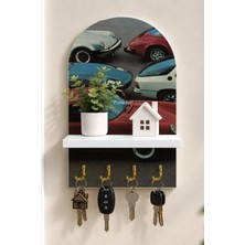 Onyx Lab Onyxlab Sokakta Klasik Otomobiller Temalı Raflı 4 Kancalı Duvar Anahtarlığı, 35 x 20 Cm, Mdf