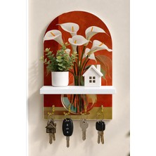 Onyx Lab Onyxlab Kırmızı Fonlu Beyaz Kala Çiçekleri Temalı Raflı 4 Kancalı Duvar Anahtarlığı, 35 x 20 Cm, Mdf