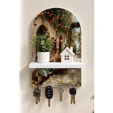 Onyx Lab Onyxlab Çiçekli Akdeniz Sokağı ve Vespa Temalı Raflı 4 Kancalı Duvar Anahtarlığı, 35 x 20 Cm, Mdf