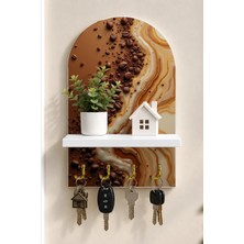 Onyx Lab Onyxlab Kahve Çekirdekleri ve Latte Temalı Raflı 4 Kancalı Duvar Anahtarlığı, 35 x 20 Cm, Mdf
