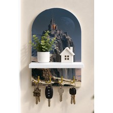 Onyx Lab Onyxlab Dağ Yamacında Kale Temalı Raflı 4 Kancalı Duvar Anahtarlığı, 35 x 20 Cm, Mdf