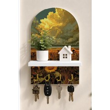 Onyx Lab Onyxlab Altın Bulutlar Altında Ayçiçeği Tarlası Temalı Raflı 4 Kancalı Duvar Anahtarlığı, 35 x 20 Cm, Mdf
