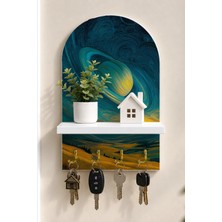 Onyx Lab Onyxlab Dönen Mavi Gezegen Temalı Raflı 4 Kancalı Duvar Anahtarlığı, 35 x 20 Cm, Mdf