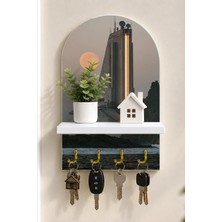 Onyx Lab Onyxlab Ay Altında Fütüristik Kule Temalı Raflı 4 Kancalı Duvar Anahtarlığı, 35 x 20 Cm, Mdf