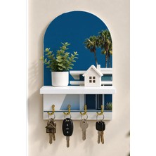 Onyx Lab Onyxlab Mavi Gökyüzünde Palmiyeli Modern Ev Temalı Raflı 4 Kancalı Duvar Anahtarlığı, 35 x 20 Cm, Mdf