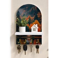 Onyx Lab Onyxlab Sonbahar Ormanı ve Göl Evi Temalı Raflı 4 Kancalı Duvar Anahtarlığı, 35 x 20 Cm, Mdf