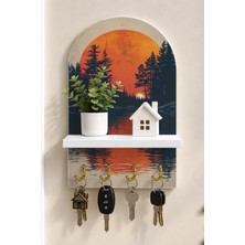 Onyx Lab Onyxlab Turuncu Güneşte Çam Ormanı Temalı Raflı 4 Kancalı Duvar Anahtarlığı, 35 x 20 Cm, Mdf