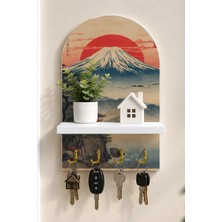 Onyx Lab Onyxlab Fuji Dağı ve Japon Manzarası Temalı Raflı 4 Kancalı Duvar Anahtarlığı, 35 x 20 Cm, Mdf
