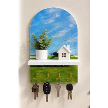 Onyx Lab Onyxlab Çimenlikte Yeşil Spor Otomobil Temalı Raflı 4 Kancalı Duvar Anahtarlığı, 35 x 20 Cm, Mdf