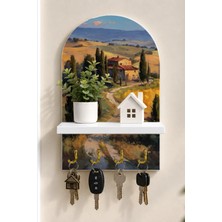 Onyx Lab Onyxlab Toskana Tepelerinde Kır Yolu Temalı Raflı 4 Kancalı Duvar Anahtarlığı, 35 x 20 Cm, Mdf