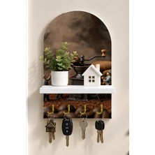 Onyx Lab Onyxlab Antika Kahve Değirmeni Temalı Raflı 4 Kancalı Duvar Anahtarlığı, 35 x 20 Cm, Mdf