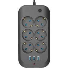 Happy Trend 6'lı, 3 USB Port 3.4A, 2500W, 2m Kablo, Akım ve Çocuk Korumalı, Anahtarlı, Siyah