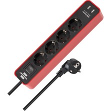 Happy Trend USB Hızlı Şarj Özellikli 4 Soketli Priz Kırmızı