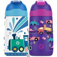Happy Trend 2'li Set 350 ml Çocuk Pipetli Çelik Matara Paslanmaz Çelik Termos 5 Farklı Renk 2055-350ML