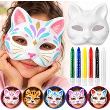 TeknoKapsül Boyanabilir Kedi Maskesi ve 6 Renk Boya Kalemi Seti – 7 Parça
