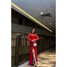 Twin Store Kadife Uzun Kumaş Abiye Bisiklet Yaka Elbise Kollu · Renk: Kırmızı · Beden: L Bzstwın