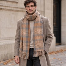 Eos Kolektif Camel Gri Ekose Desenli Yün Kaşmir Unisex Şal 68X182 cm