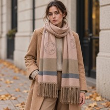Eos Kolektif Pembe Bej Çiçek Motifli Premium Yumuşak Yünlü Şal 62X175 cm