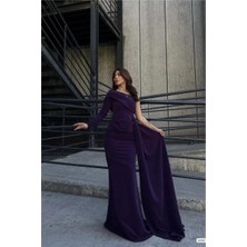 Twin Store Krep Kumaş Omuz Abiye Tek Kuyruklu Elbise · Renk: Saks · Beden: M Bzstwın