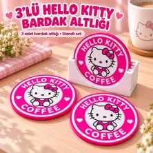 Luvena Hello Kitty Tasarımlı 3’lü Dekoratif Bardak Altlığı Seti Standlı Kupa Altlığı Kahve Sunum Aksesuarı