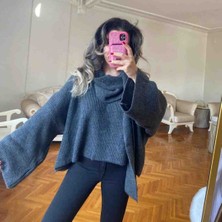 Özçivit Aksesuar Kendinden Atkı Detaylı Gri Kazak
