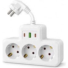 Toptan Budur Akım Korumalı Priz, 3'lü, Termal, Çoklayıcı, 2 USB 1 Type-C Girişli 16A 4000W Üçlü Dönü�