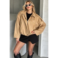 Prifaldi Zr Oversize Ekru Kadın Süet Bomber Ceket