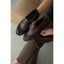 Selin Shoes Lurein Büzgülü Hafif Kalın Topuk Kadın Loafer- Kahverengi