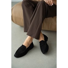 Selin Shoes Lurein Büzgülü Hafif Kalın Topuk Kadın Loafer- Siyah Süet