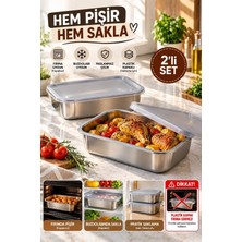 Gugga Ovi - 2'li Hem Pişir Hem Sakla SUS304 Paslanmaz Çelik Fırın Kabı Plastik Kapaklı Saklama Kabı 650 ml