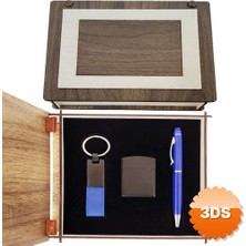 3D Sepetim Özel Ahşap Kutulu Lacivert Kalem Anahtarlık ve Çakmak Set