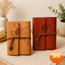3D Sepetim Yaprak Desenli Retro Deri Defter Vintage Ajanda 15x11 cm 176 Sayfa