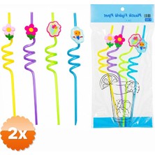 3D Sepetim 2 Paket Kıvrımlı Renkli Plastik Pipet Figürlü Tasarım 4'lü Paket