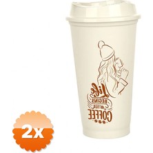 3D Sepetim 2 Adet Kahve Bardağı - Kapaklı Krem 473 Ml