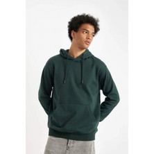 DeFacto X8283 Yeşil Cepli Regular Fit Kapüşonlu Içi Yumuşak Tüylü Basic Düz Sweatshirt