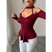 Lissa Butik Moda Kadın Omuzlardan Açık Yarı Balıkçı Yaka Uzun Kollu V Yakalı Onu Pileli Viskon Bluz Wear