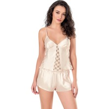 Lissa Butik Premium Koleksiyon  Fildişi Saten Babydoll Şort Takımı Wear