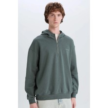Defacto D6998 Yeşil Boxy Fit Kapüşonlu Yarım Fermuarlı Baskılı Sweatshirt
