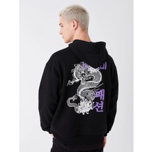 LC Waikiki Xsıde Siyah Uzun Kollu Baskılı Erkek Kalın Hoodie