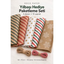 Yılbaşı Hediye Paketleme Seti 10 Yaprak - 5 Desen, Ambalaj Kağıdı ve Jüt&kırmızı Beyaz Ip Seti (20M)