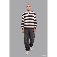 Defacto E8440AXBN337 Kahve Boxy Fıt Polo Yaka Çizgili Waffle Sweatshirt