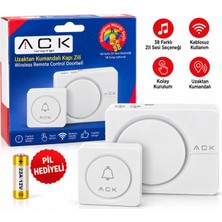 Beyaz Kablosuz Kapı Zili 38 Melodi IP20 Ack Kolay Kurulum ve Modern Tasarım