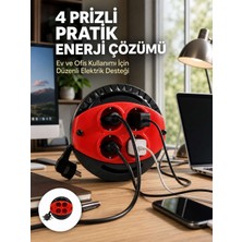 Bin1çeşit 3 Metre Uzatma Kablolu 4 Prizli Makara Kırmızı
