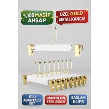 Onouqo Beyaz Mandallı Ahşap Pantolon ve Etek Askısı, Gold Kanca, 6 Adet