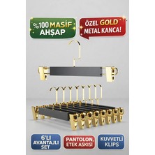 Onouqo Siyah Mandallı Ahşap Pantolon ve Etek Askısı, Gold Kanca, 6 Adet