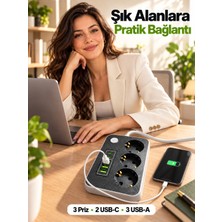 Smayling Akım Korumalı 3’lü Topraklı Çoklu Priz 2 Metre Kablolu 3 Usb-A 2 Usb-C Açma Kapama Tuşlu