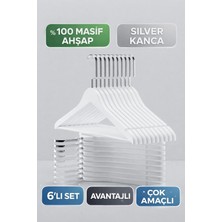 Onouqo Beyaz Ahşap Elbise, Gömlek ve Pantolon Askısı, Gümüş Kanca, 6 Adet