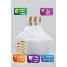 Onouqo Beyaz Ahşap Elbise, Gömlek ve Pantolon Askısı, Gold Kanca, 6 Adet
